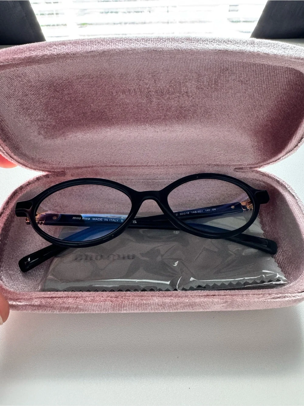 Miu Miu Black Round Acetate Glasses with Pink Velvet Case